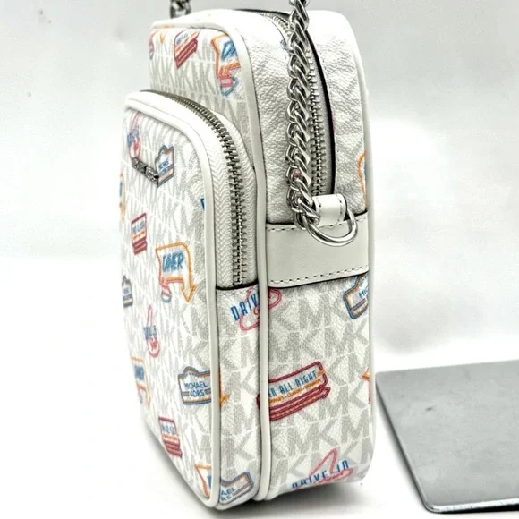 Michael Kors Jet Set Medium Printed Signature Logo Crossbody Bag Optic White